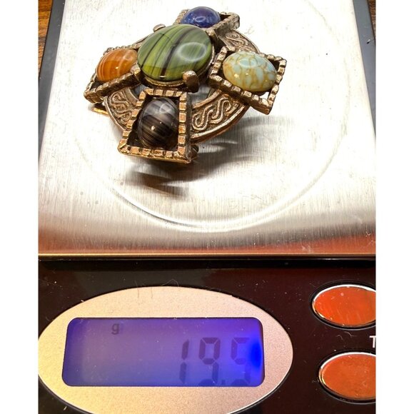 VTG Celtic Style Multi Stone Glass Agate Brooch Round Faux Turquoise Lapis Fashi - Picture 9 of 10
